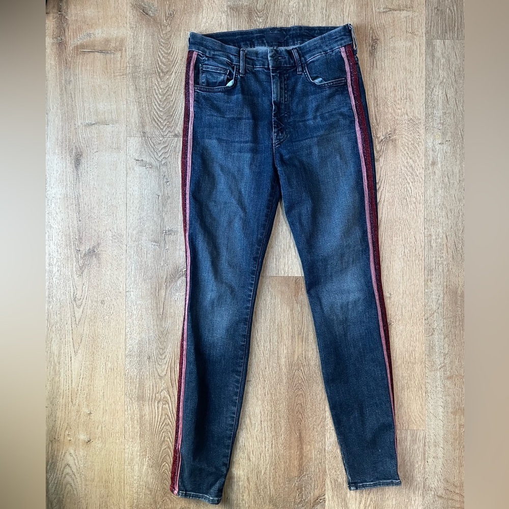 Mother High Waisted Looker Jeans Glitter Racer Stripe Dark Wash Size 28